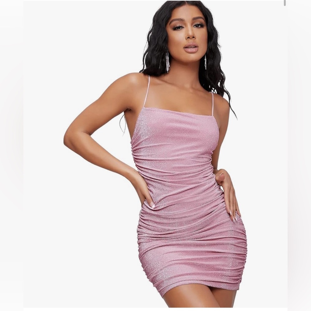 Baby pink shimmer mini dress with ruching detail and spaghetti straps